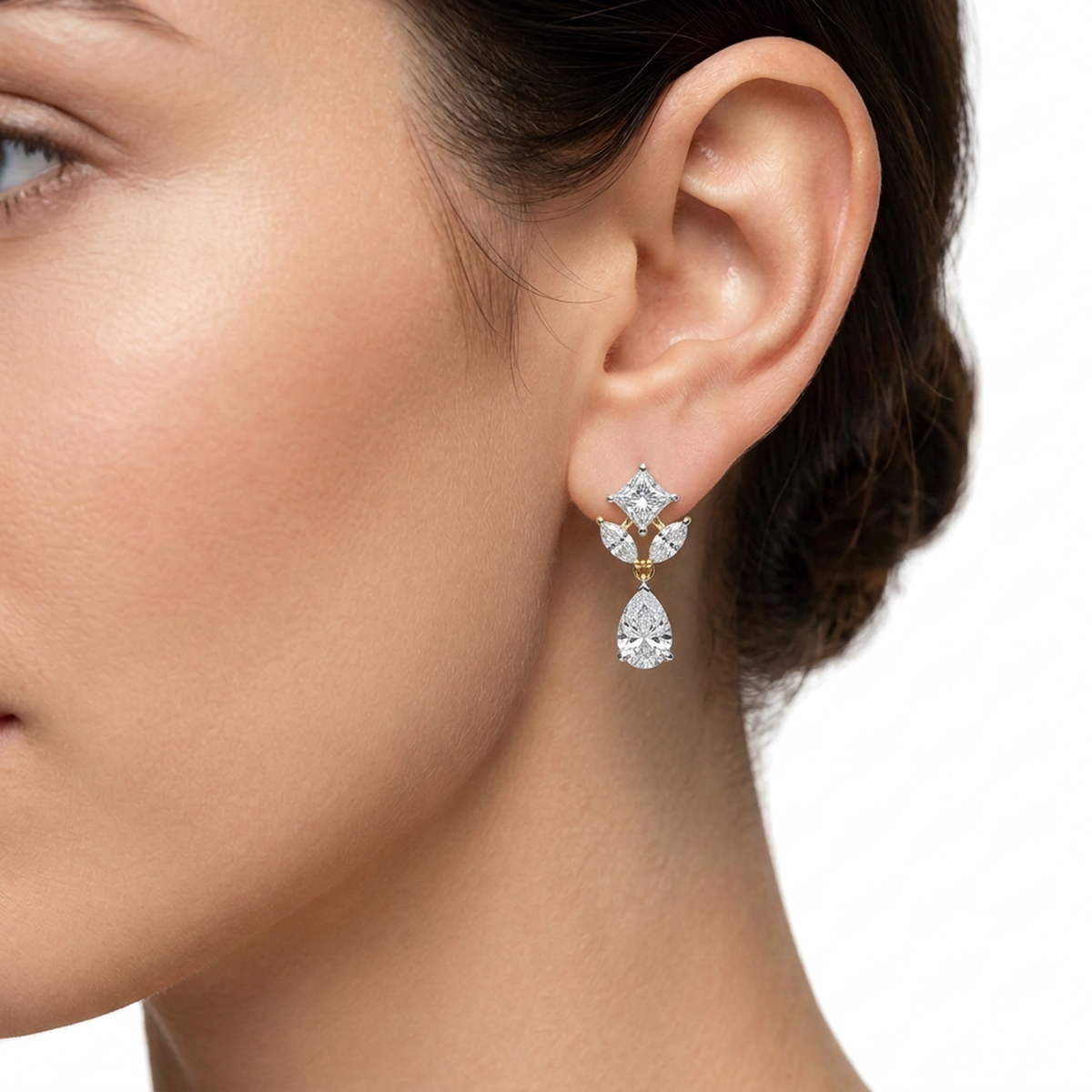 Princess, Marquise Leaf & Pear Diamond Drop Earrings — lab grown diamond earrings handcrafted by Vimora Diamonds