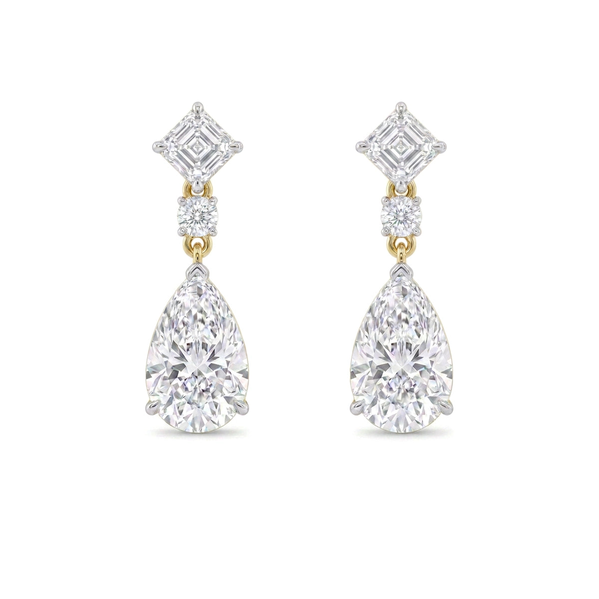 Asscher, Round & Pear Diamond Drop Earrings — asscher, pear and round lab grown diamond earrings by Vimora Diamonds