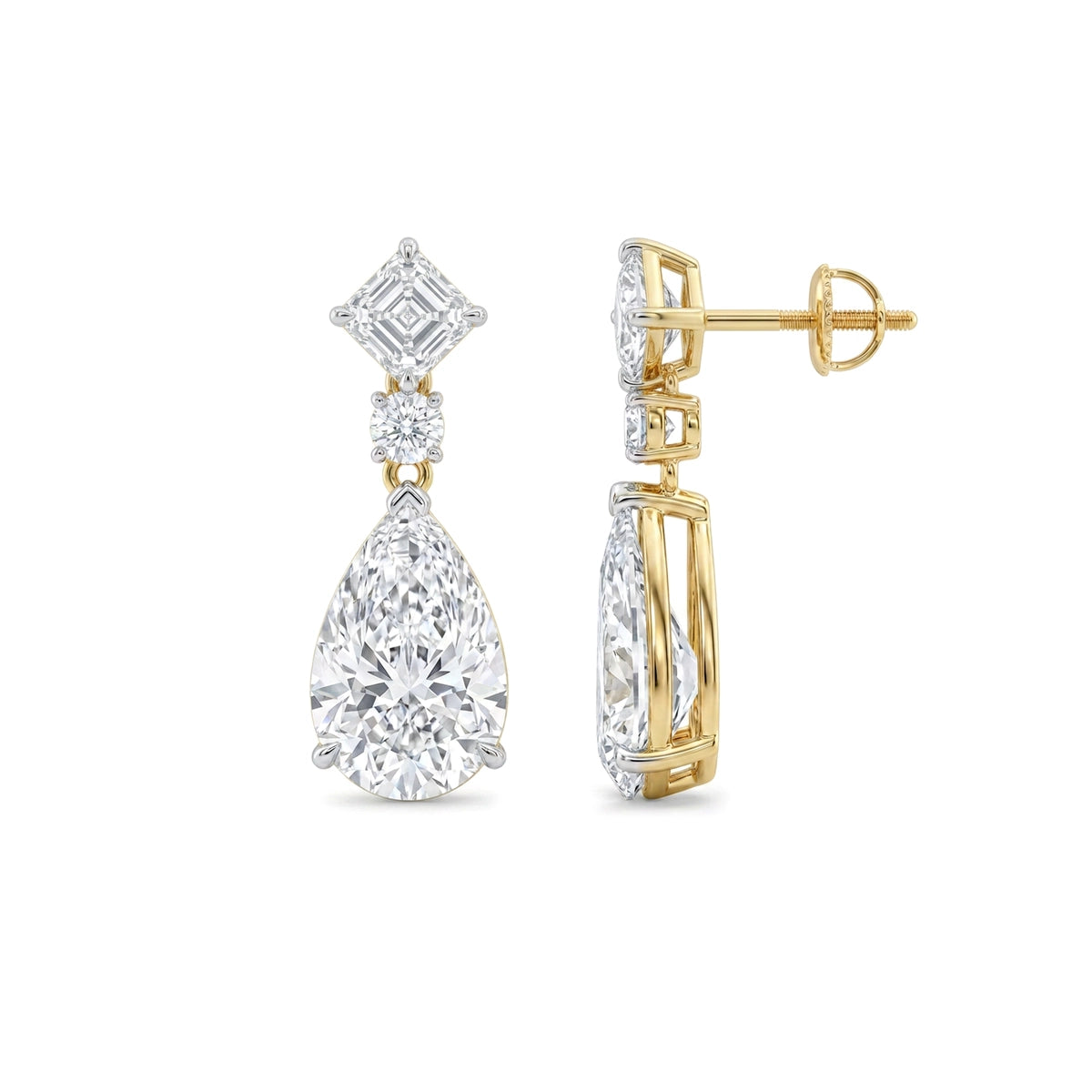 Asscher, Round & Pear Diamond Drop Earrings in IGI certified lab grown diamond and BIS hallmarked gold