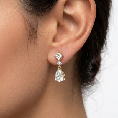 Asscher, Round & Pear Diamond Drop Earrings — lab grown diamond earrings handcrafted by Vimora Diamonds