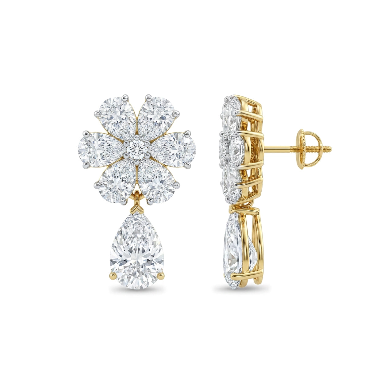 Pear Flower Cluster Drop Earrings — pear and round lab grown diamond earrings in 9K, 14K or 18K gold