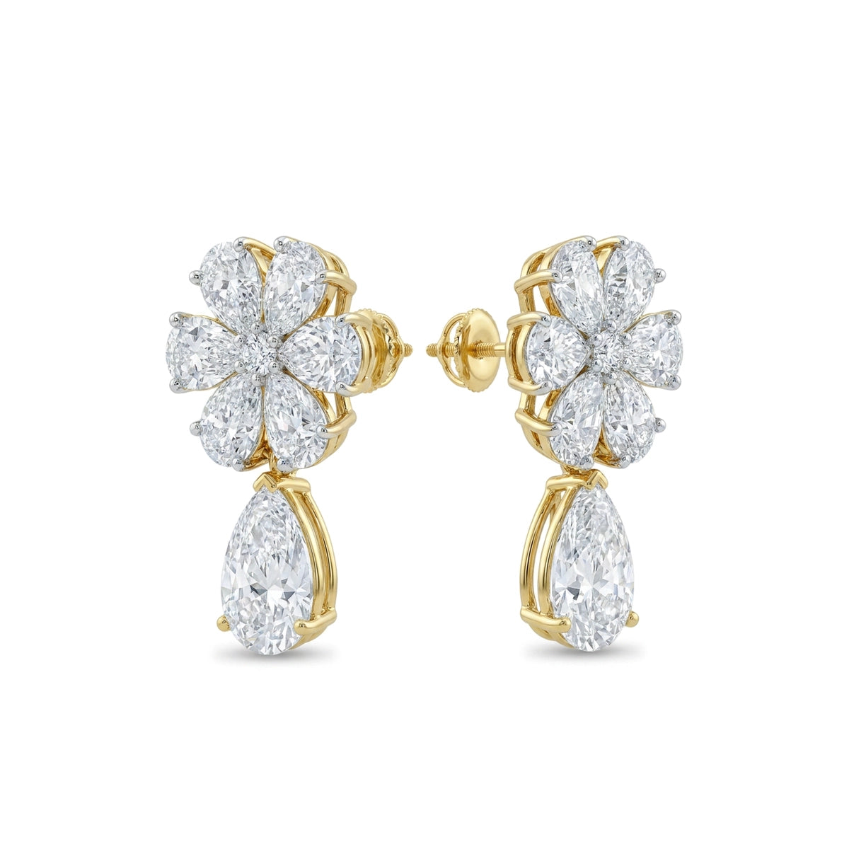 Pear Flower Cluster Drop Earrings in IGI certified lab grown diamond and BIS hallmarked gold
