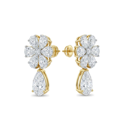 Pear Flower Cluster Drop Earrings in IGI certified lab grown diamond and BIS hallmarked gold
