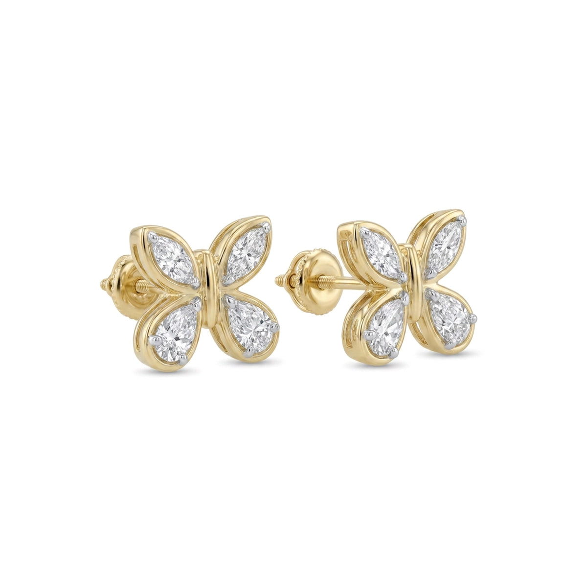 Marquise & Pear Bezel Butterfly Stud Earrings in IGI certified lab grown diamond and BIS hallmarked gold