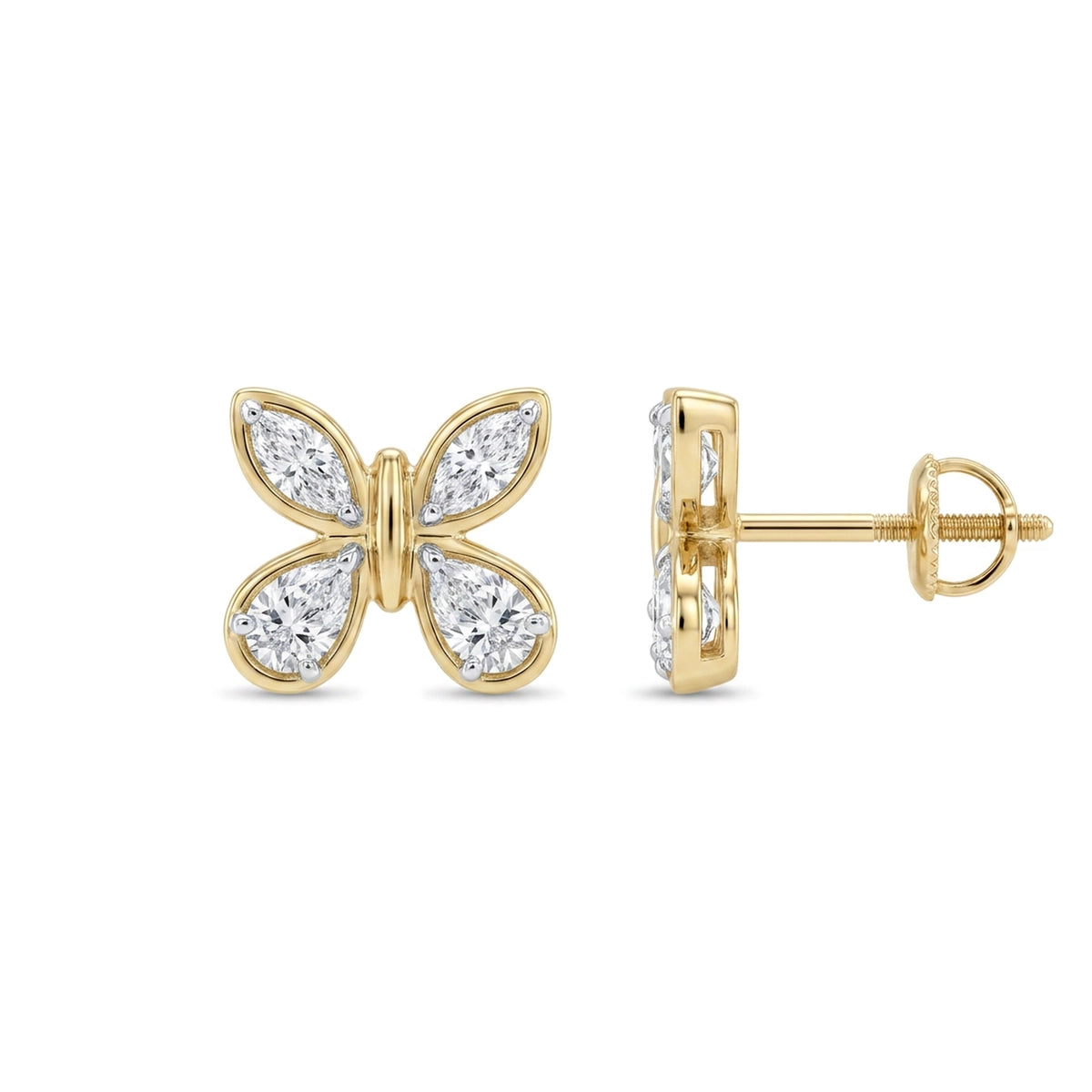 Marquise & Pear Bezel Butterfly Stud Earrings — marquise and pear lab grown diamond earrings in 9K, 14K or 18K gold