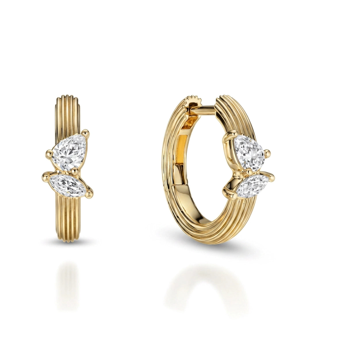Fluted Pear & Marquise Huggie Hoop Earrings — marquise and pear lab grown diamond earrings in 9K, 14K or 18K gold