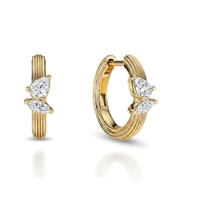 Fluted Pear & Marquise Huggie Hoop Earrings — marquise and pear lab grown diamond earrings in 9K, 14K or 18K gold
