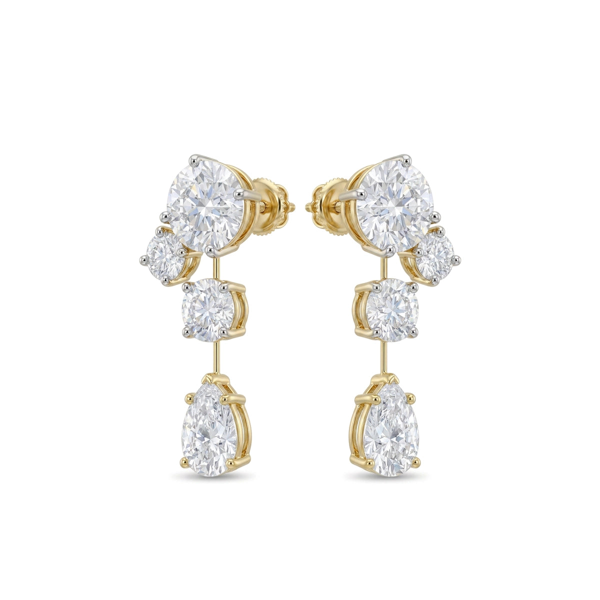 Round & Pear Diamond Tiered Drop Earrings in IGI certified lab grown diamond and BIS hallmarked gold