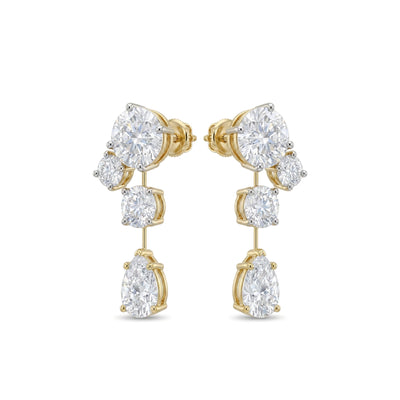 Round & Pear Diamond Tiered Drop Earrings in IGI certified lab grown diamond and BIS hallmarked gold
