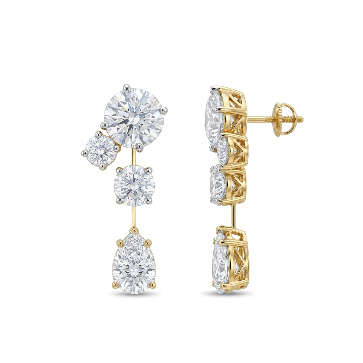 Round & Pear Diamond Tiered Drop Earrings — pear and round lab grown diamond earrings in 9K, 14K or 18K gold