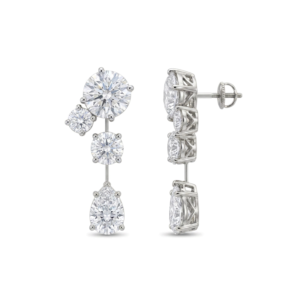 Round & Pear Diamond Tiered Drop Earrings — pear and round lab grown diamond earrings in solid hallmarked gold