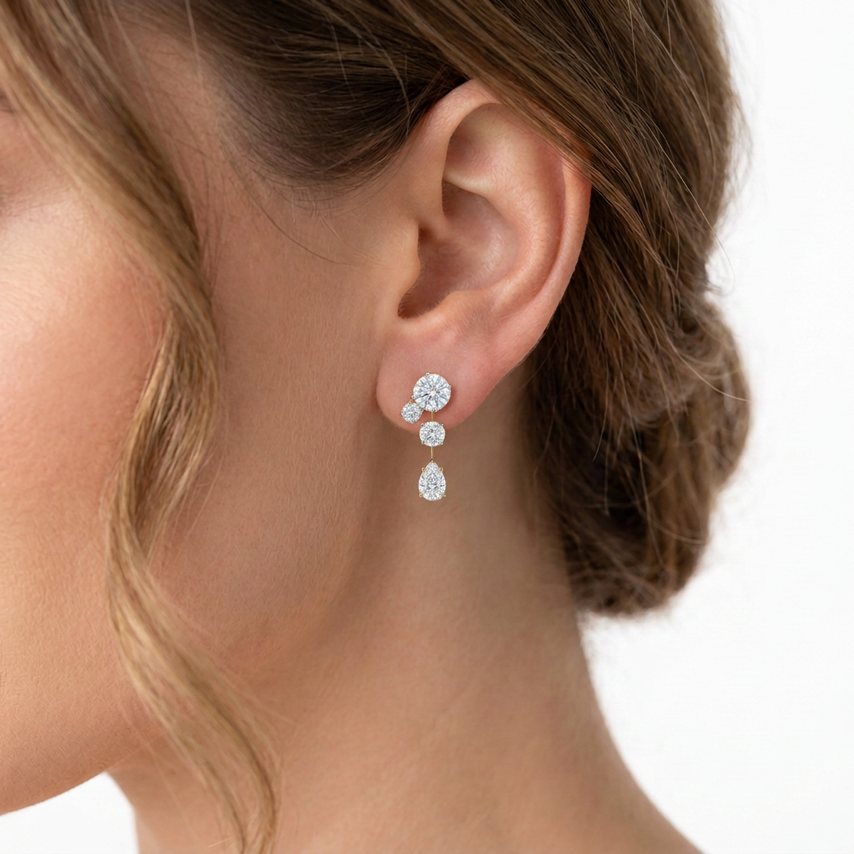 Round & Pear Diamond Tiered Drop Earrings — lab grown diamond earrings handcrafted by Vimora Diamonds