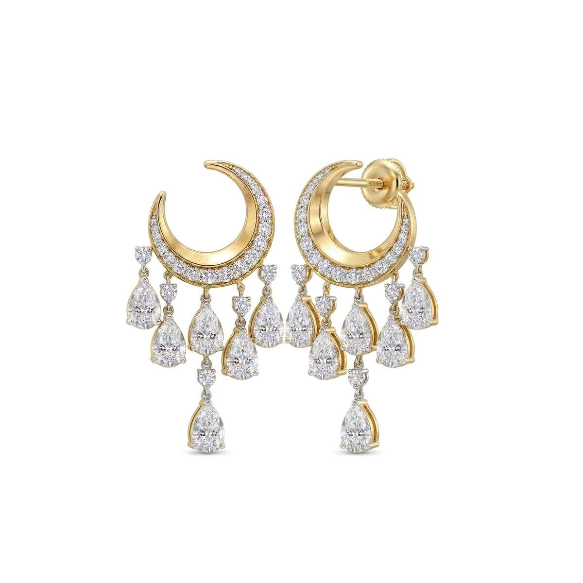 Crescent Pavé Chandelier Earrings — pear and round lab grown diamond earrings by Vimora Diamonds