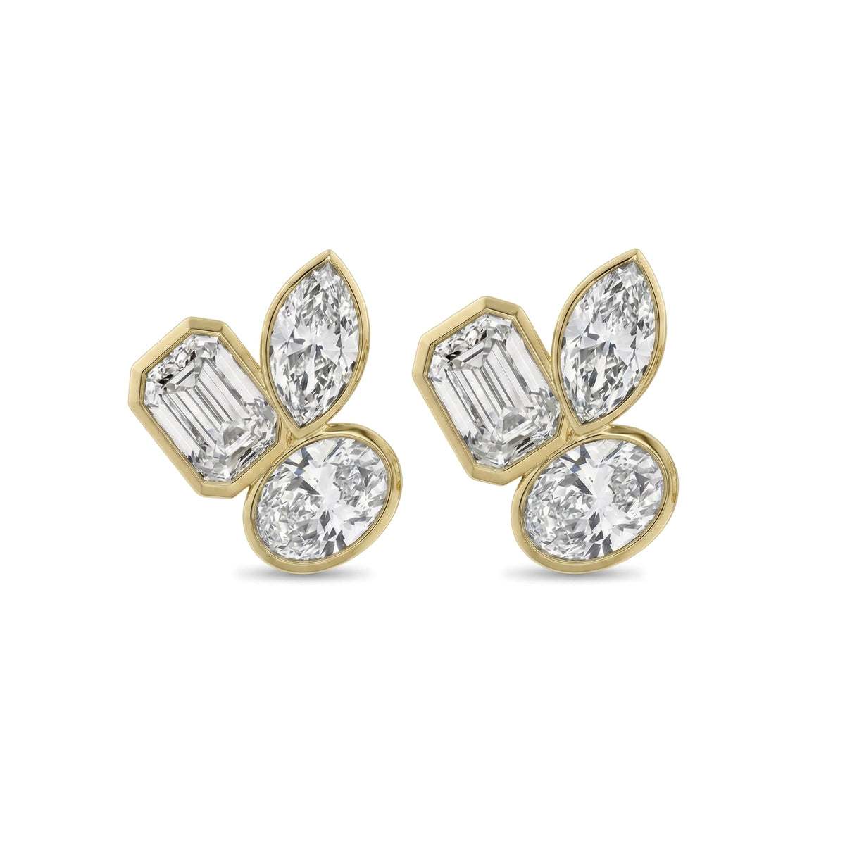 Emerald, Marquise & Oval Bezel Cluster Stud Earrings — emerald, marquise and oval lab grown diamond earrings