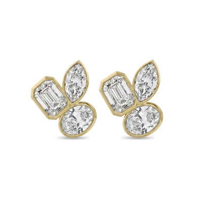 Emerald, Marquise & Oval Bezel Cluster Stud Earrings — emerald, marquise and oval lab grown diamond earrings