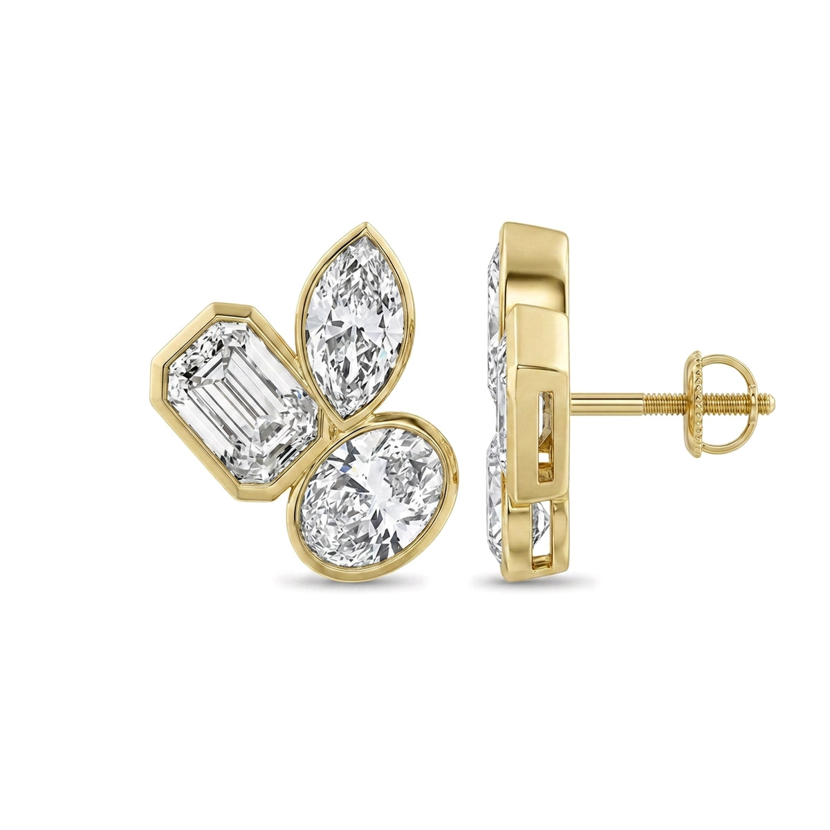 Emerald, Marquise & Oval Bezel Cluster Stud Earrings in IGI certified lab grown diamond and BIS hallmarked gold