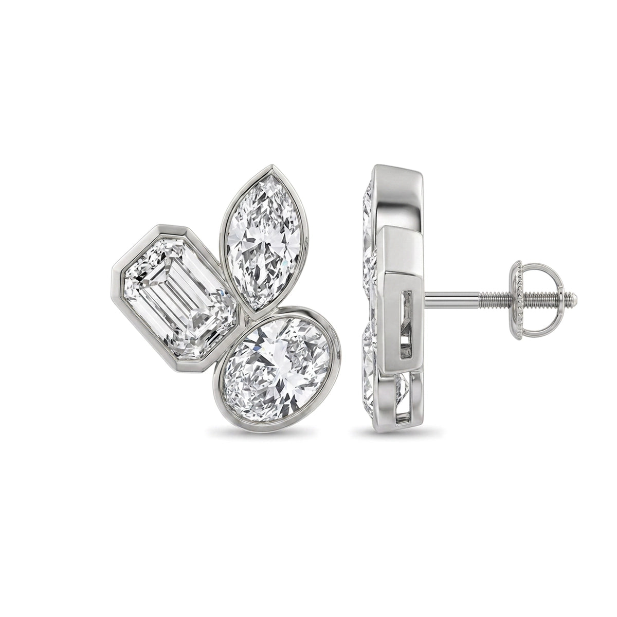 Emerald, Marquise & Oval Bezel Cluster Stud Earrings — certified lab grown diamond earrings from Vimora Diamonds