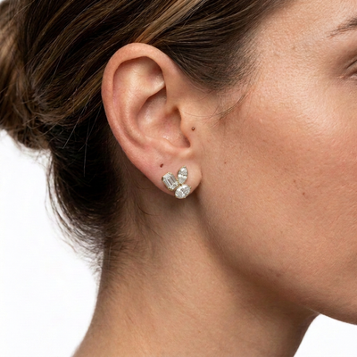 Emerald, Marquise & Oval Bezel Cluster Stud Earrings — lab grown diamond earrings in solid hallmarked gold