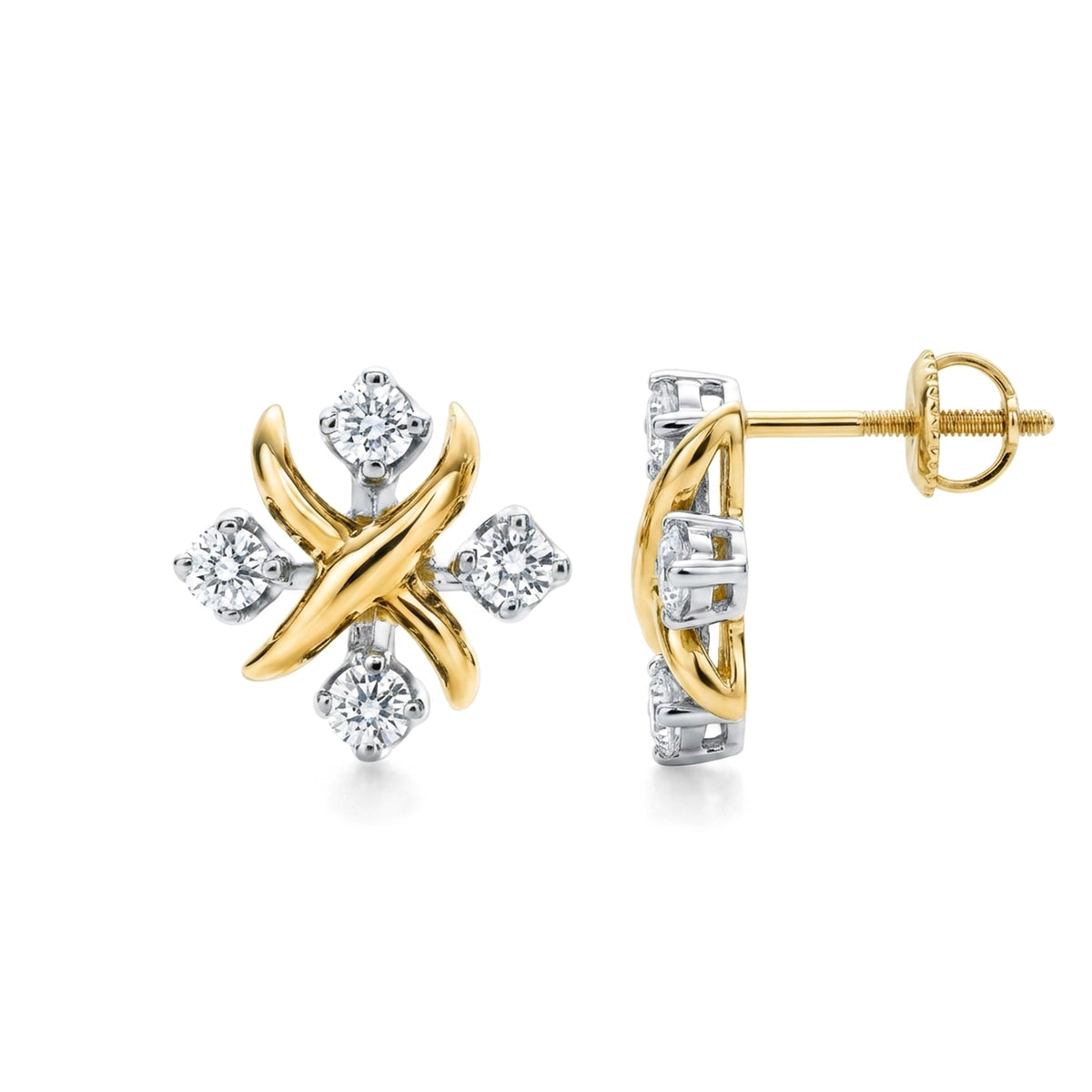 X-Motif Diamond Stud Earrings — round lab grown diamond earrings in 9K, 14K or 18K gold