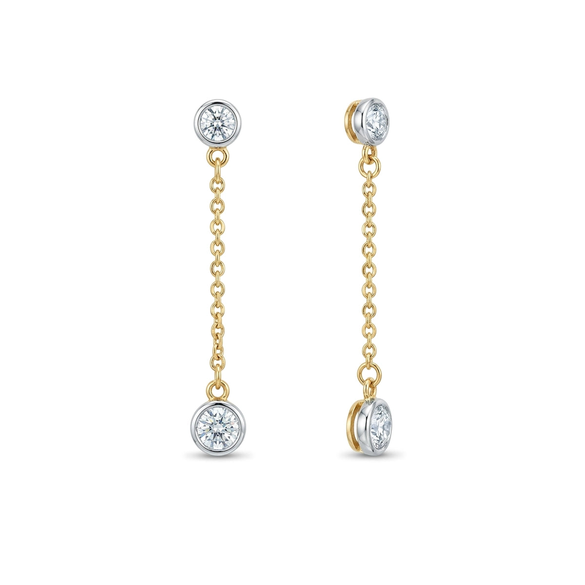 Bezel Round Diamond Chain Drop Earrings — round lab grown diamond earrings in 9K, 14K or 18K gold