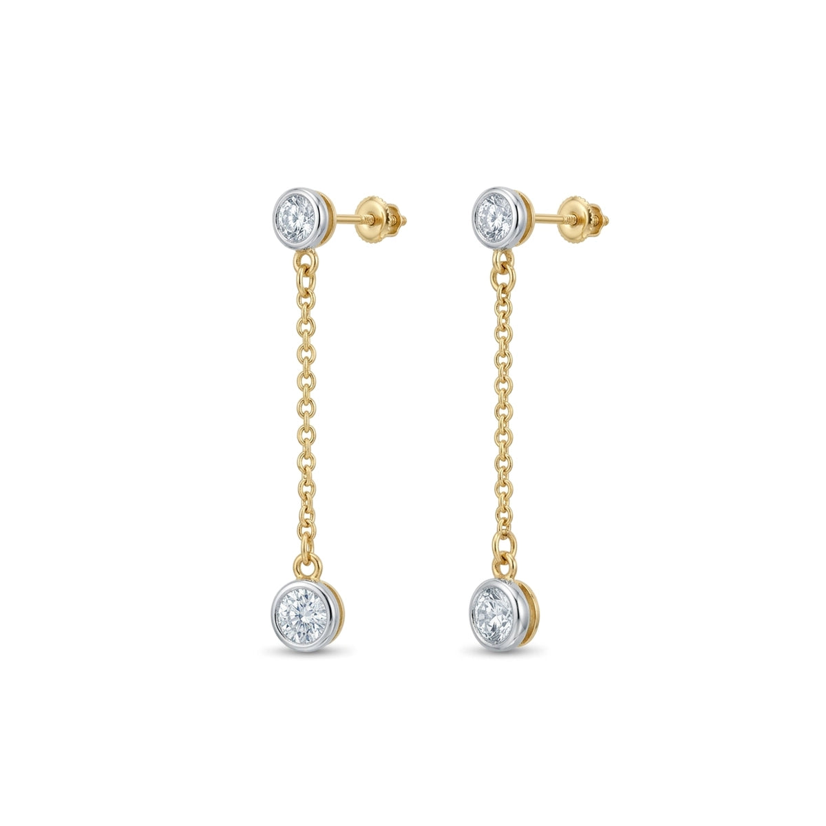 Bezel Round Diamond Chain Drop Earrings in IGI certified lab grown diamond and BIS hallmarked gold