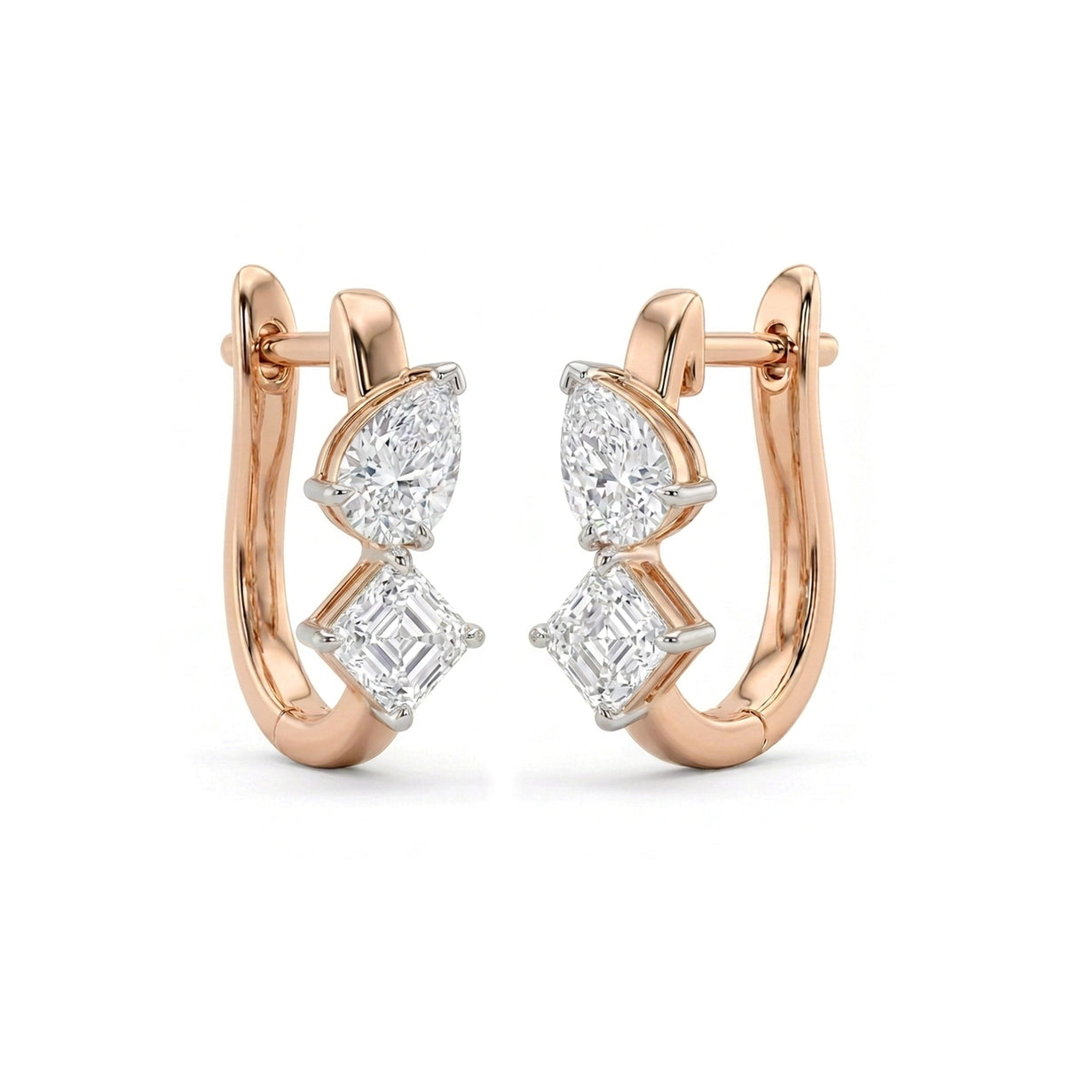 Asscher & Pear Diamond Cluster Hoop Earrings — asscher and pear lab grown diamond earrings in 9K, 14K or 18K gold