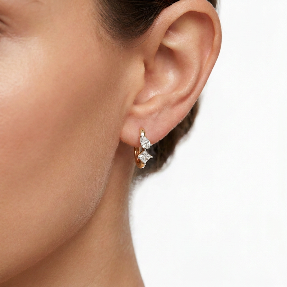 Asscher & Pear Diamond Cluster Hoop Earrings — asscher and pear lab grown diamond earrings in solid hallmarked gold