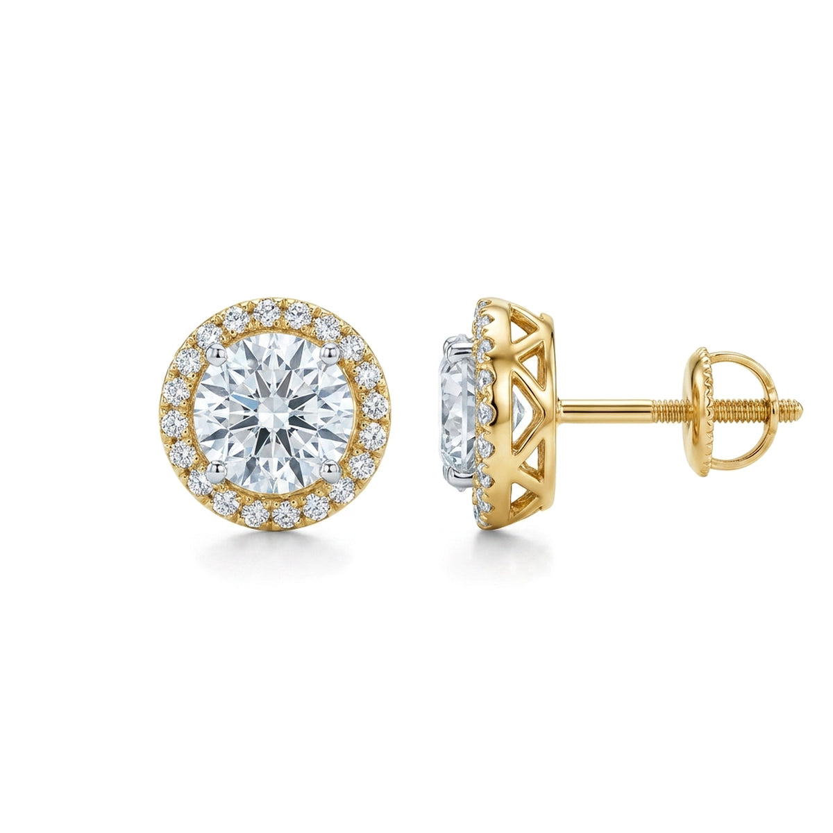 Round Diamond Halo Stud Earrings in IGI certified lab grown diamond and BIS hallmarked gold