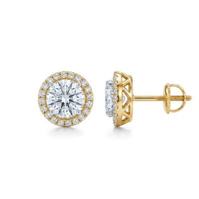 Round Diamond Halo Stud Earrings in IGI certified lab grown diamond and BIS hallmarked gold