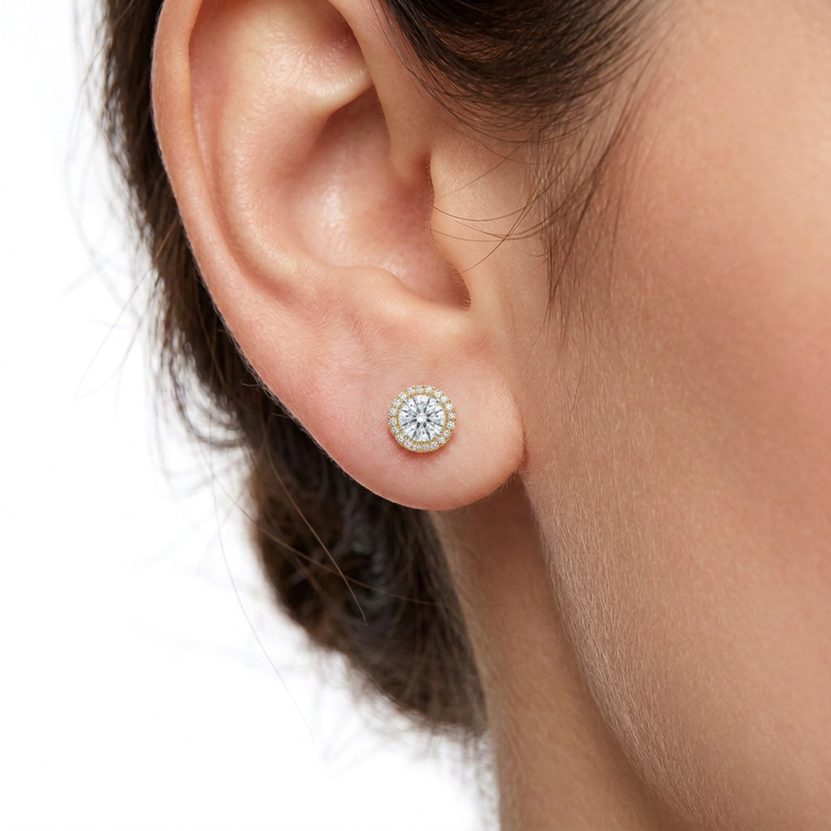 Round Diamond Halo Stud Earrings — round lab grown diamond earrings in solid hallmarked gold