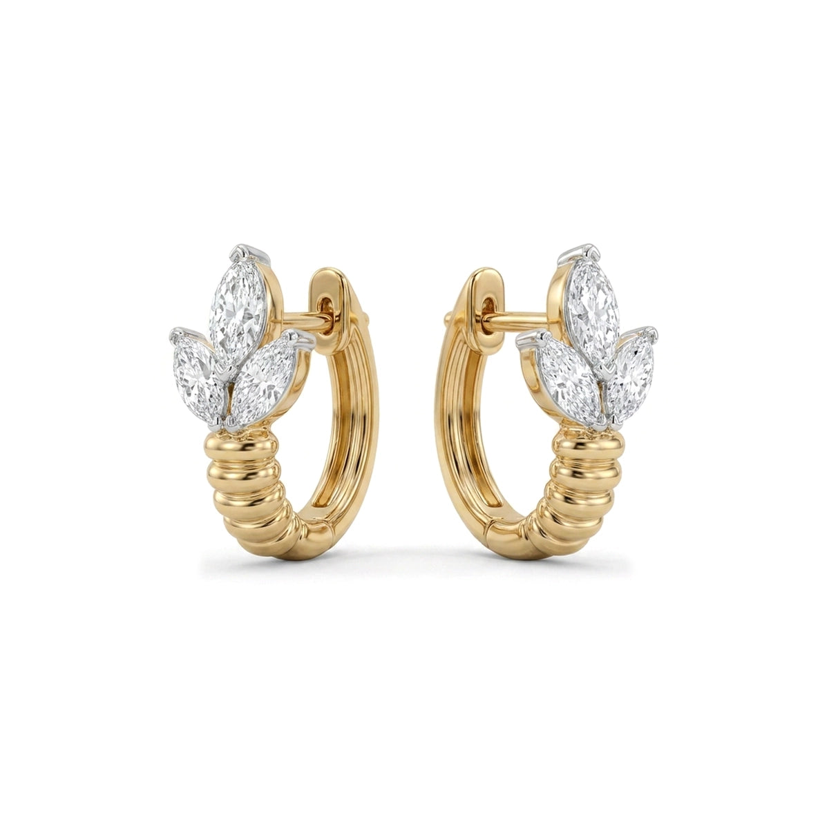 Marquise Diamond Leaf Cluster Ribbed Hoop Earrings in IGI certified lab grown diamond and BIS hallmarked gold
