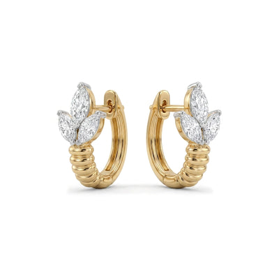 Marquise Diamond Leaf Cluster Ribbed Hoop Earrings in IGI certified lab grown diamond and BIS hallmarked gold