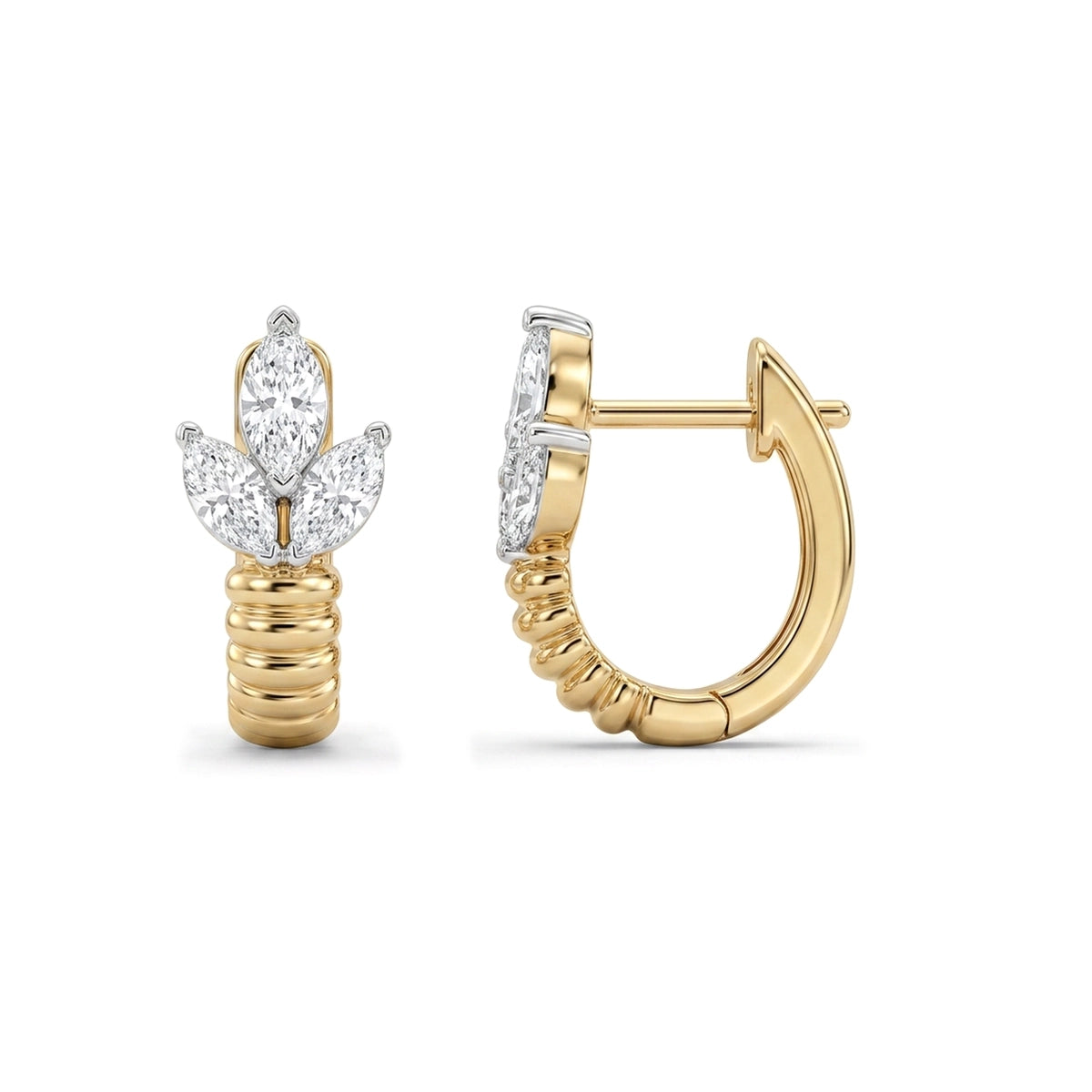 Marquise Diamond Leaf Cluster Ribbed Hoop Earrings — marquise lab grown diamond earrings in 9K, 14K or 18K gold