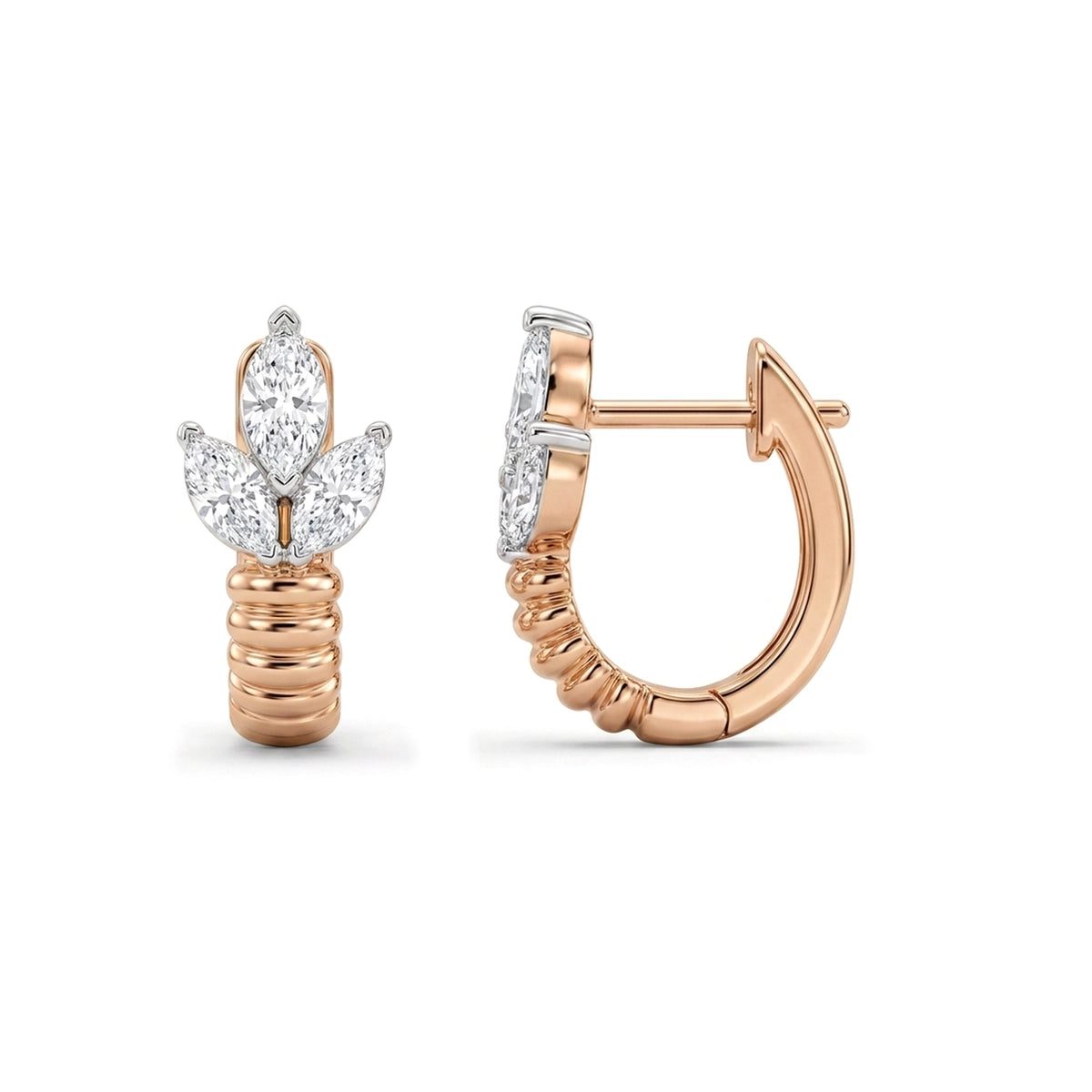 Marquise Diamond Leaf Cluster Ribbed Hoop Earrings — certified lab grown diamond earrings from Vimora Diamonds