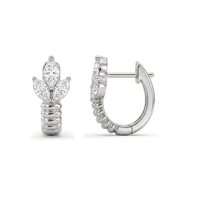 Marquise Diamond Leaf Cluster Ribbed Hoop Earrings — marquise lab grown diamond earrings in solid hallmarked gold