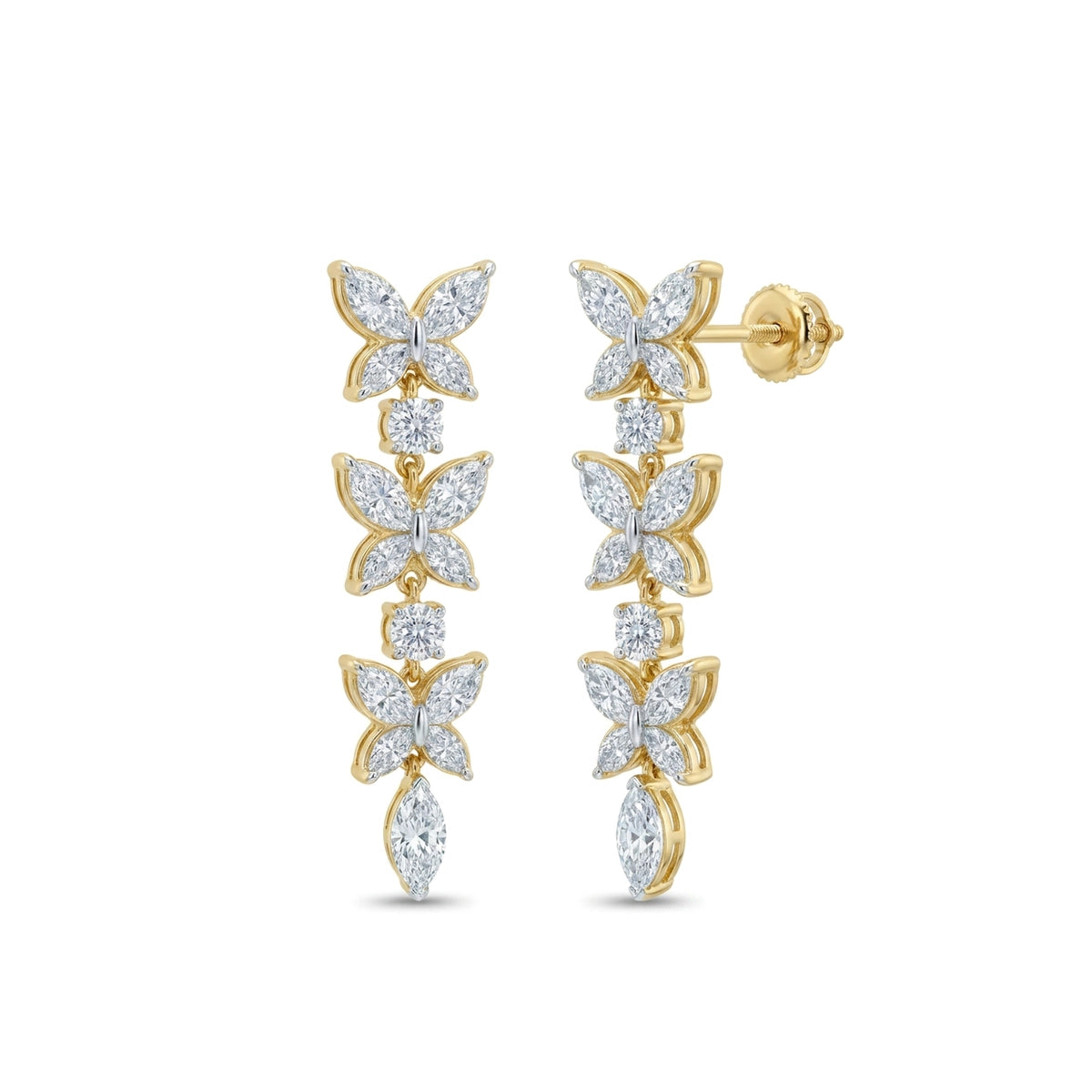 Triple Butterfly Marquise Diamond Drop Earrings in IGI certified lab grown diamond and BIS hallmarked gold