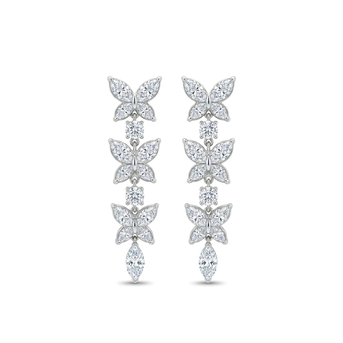 Triple Butterfly Marquise Diamond Drop Earrings — marquise lab grown diamond earrings in solid hallmarked gold