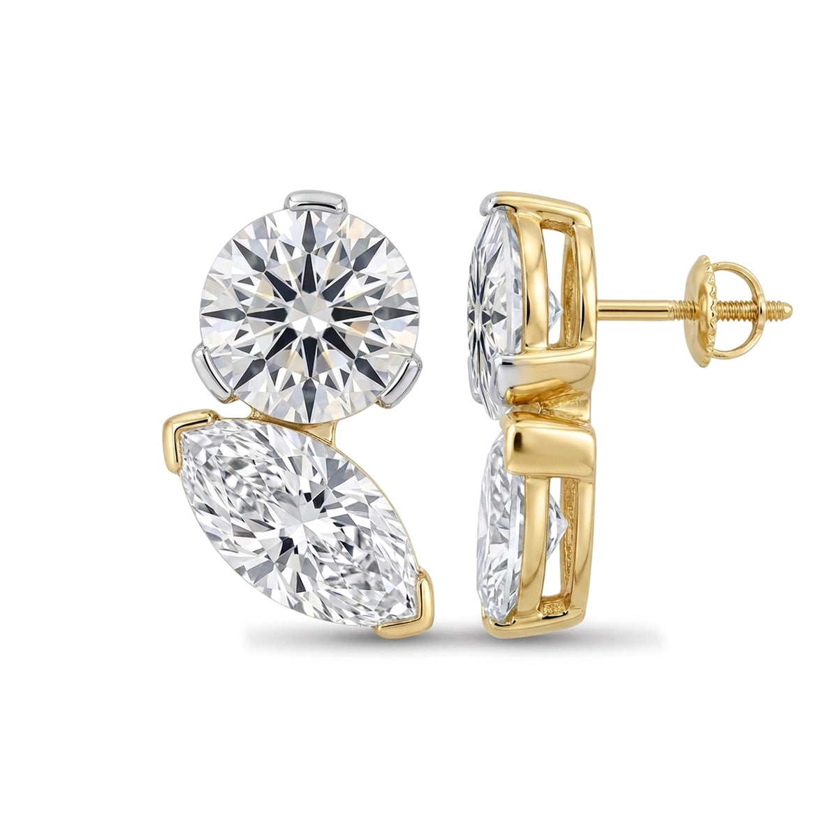 Round & Marquise Diamond Duo Stud Earrings — marquise and round lab grown diamond earrings in 9K, 14K or 18K gold
