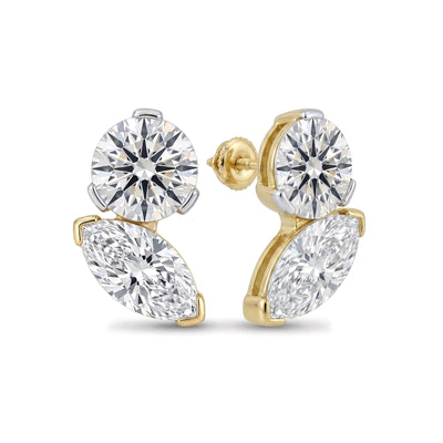 Round & Marquise Diamond Duo Stud Earrings in IGI certified lab grown diamond and BIS hallmarked gold