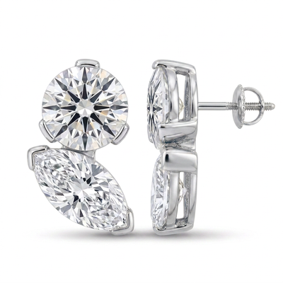 Round & Marquise Diamond Duo Stud Earrings — marquise and round lab grown diamond earrings in solid hallmarked gold