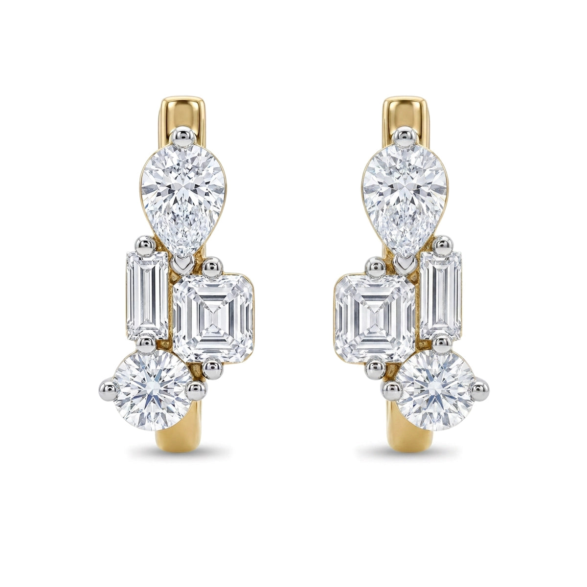 Pear Asscher Round Baguette Cluster Hoop Earrings — asscher, baguette, pear and round lab grown diamond earrings