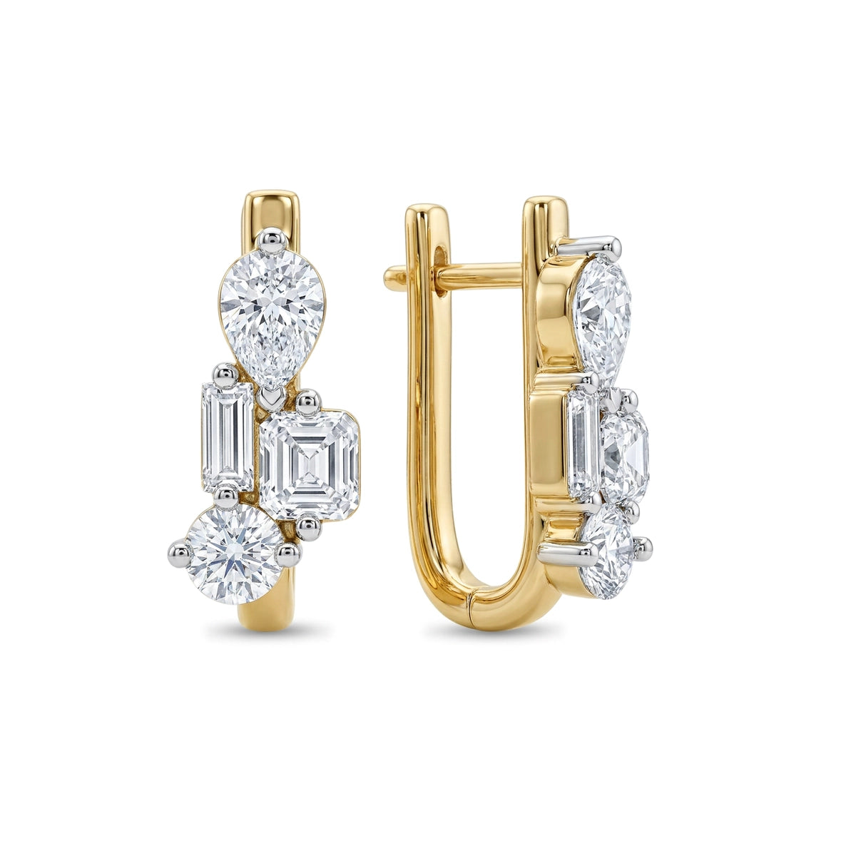 Pear Asscher Round Baguette Cluster Hoop Earrings in IGI certified lab grown diamond and BIS hallmarked gold