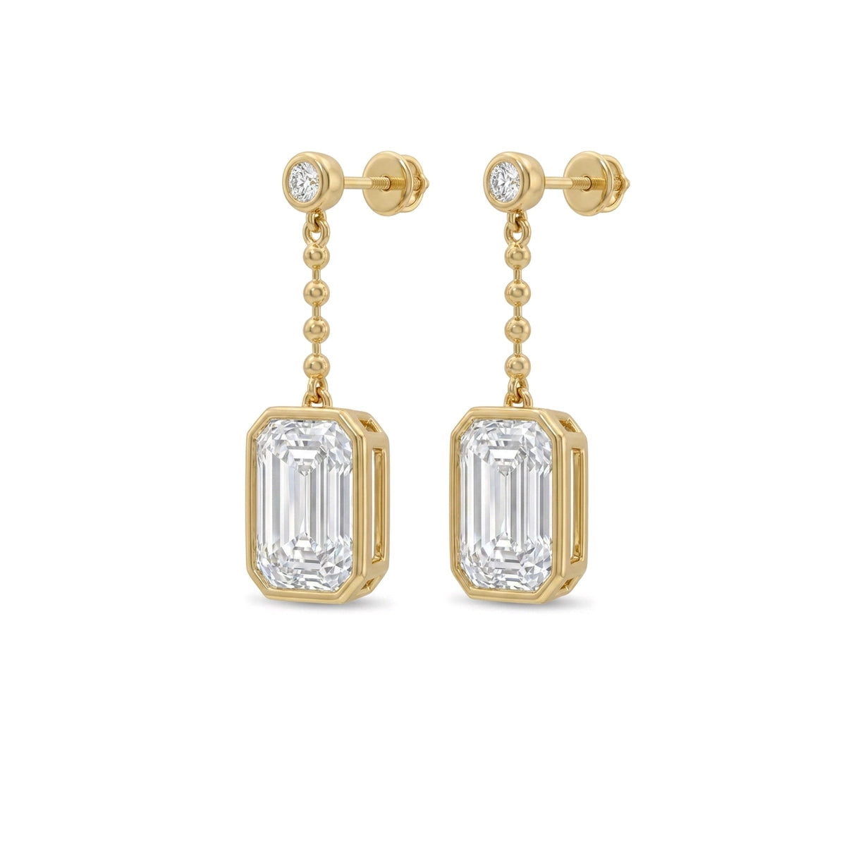 Bezel Emerald Cut Diamond Chain Drop Earrings — emerald and round lab grown diamond earrings by Vimora Diamonds