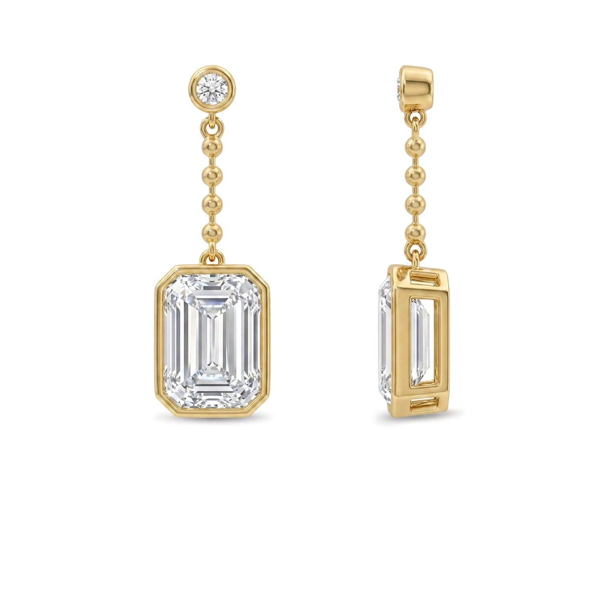 Bezel Emerald Cut Diamond Chain Drop Earrings in IGI certified lab grown diamond and BIS hallmarked gold