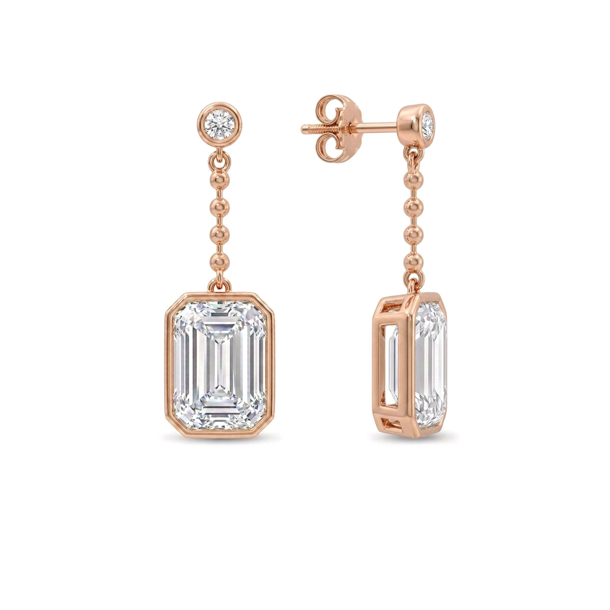 Bezel Emerald Cut Diamond Chain Drop Earrings — certified lab grown diamond earrings from Vimora Diamonds