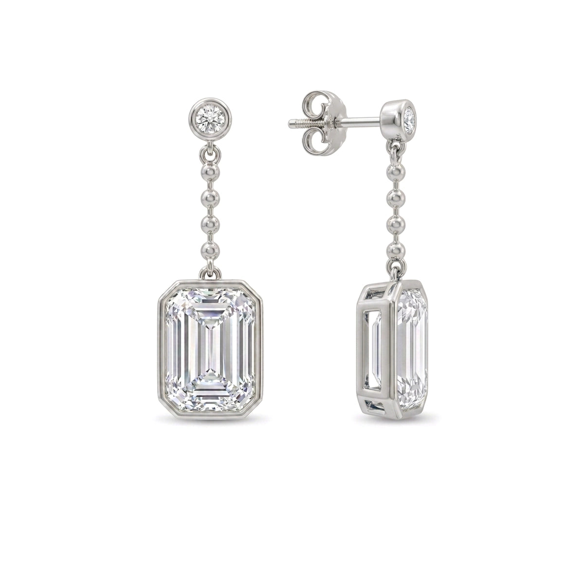 Bezel Emerald Cut Diamond Chain Drop Earrings — emerald and round lab grown diamond earrings in 9K, 14K or 18K gold