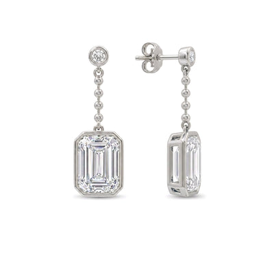 Bezel Emerald Cut Diamond Chain Drop Earrings — emerald and round lab grown diamond earrings in 9K, 14K or 18K gold