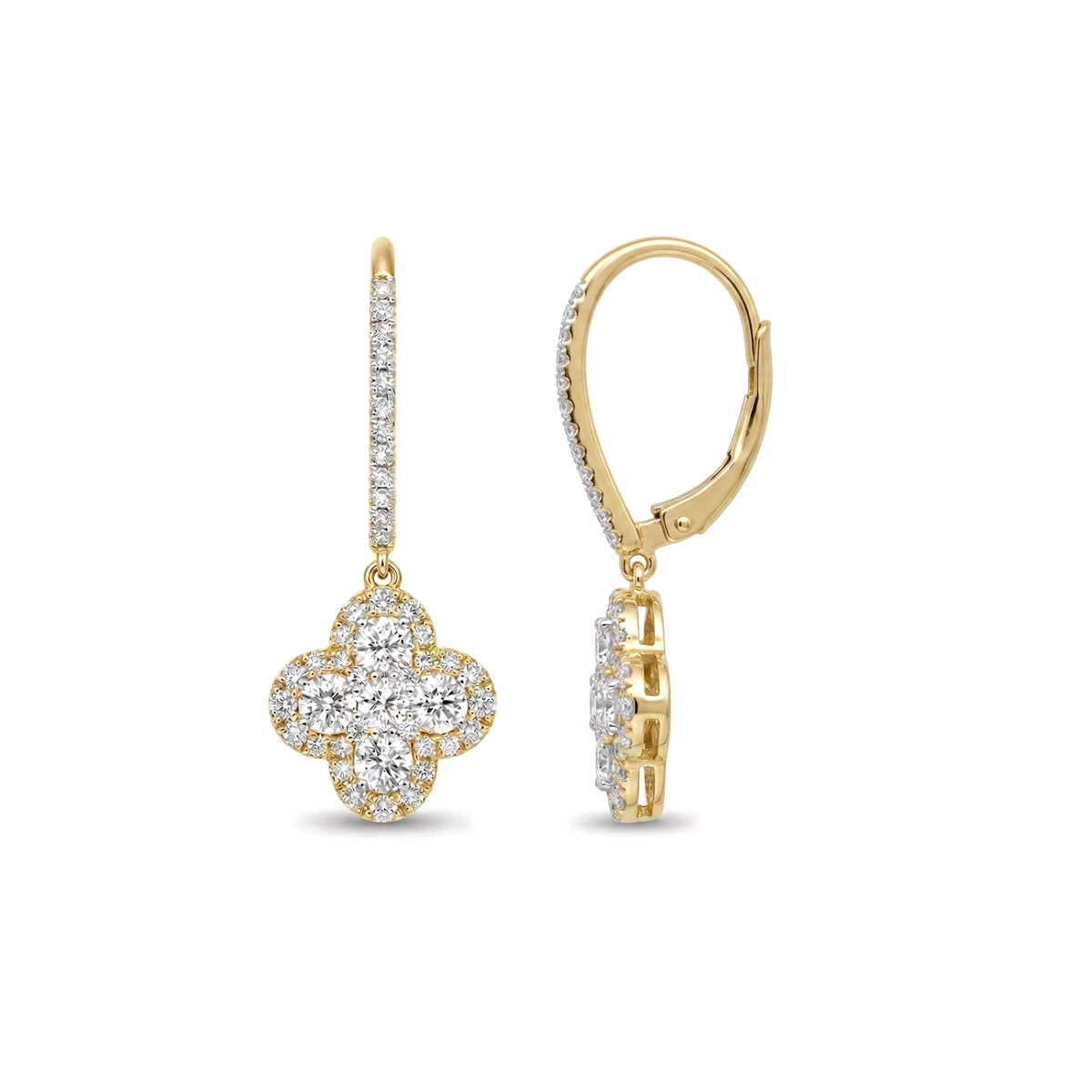 Round Brilliant Clover Halo Diamond Drop Earrings — round lab grown diamond earrings in 9K, 14K or 18K gold