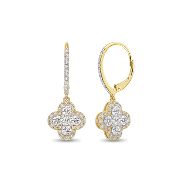 Round Brilliant Clover Halo Diamond Drop Earrings in IGI certified lab grown diamond and BIS hallmarked gold
