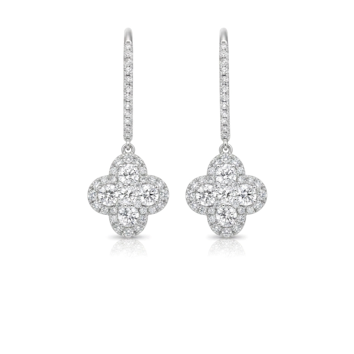 Round Brilliant Clover Halo Diamond Drop Earrings — round lab grown diamond earrings in solid hallmarked gold